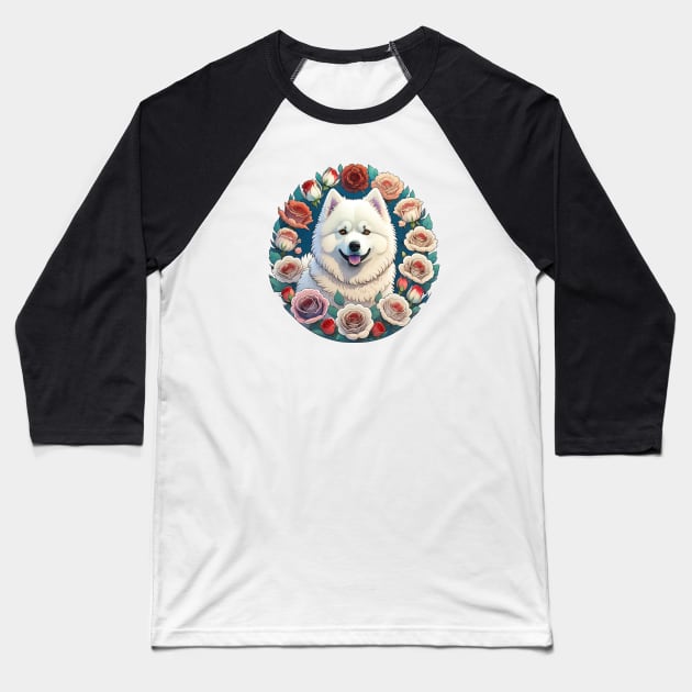 Samoyed Surrounded By Roses Baseball T-Shirt by Pet And Petal